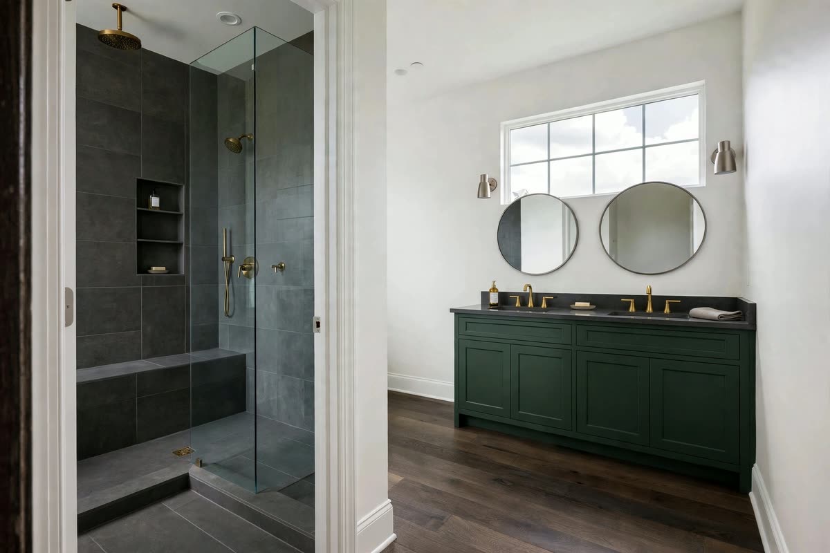 Concept rendering of an owner's bath in Midnight Brass with deep green cabinets.